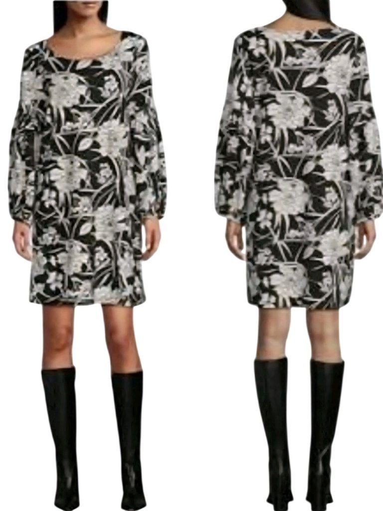 Bryn Walker Lantern Dress Black Floral Ponte Knit Puff Sleeve Lagonlook Size M